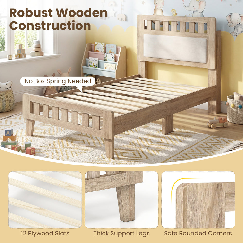 Twin size wood bed frame with upholstered headboard, robust construction, and safe rounded corners for added comfort.