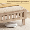 Twin size wood bed frame with upholstered headboard, featuring low-profile design for easy floor cleaning.