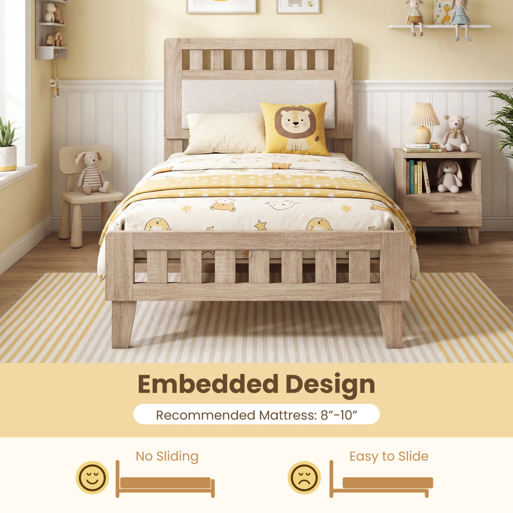 Twin size wood bed frame with upholstered headboard, featuring an embedded design for mattress stability and.