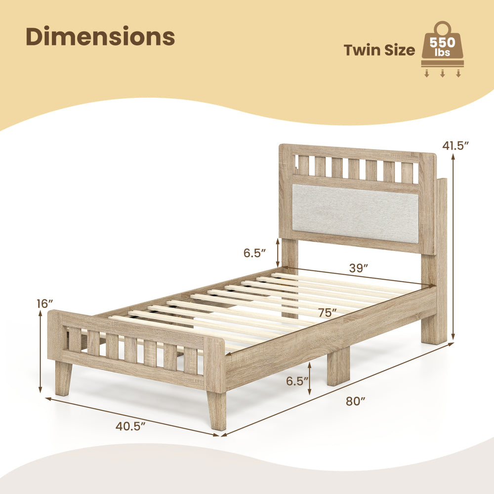Twin size wood bed frame with upholstered headboard, mid-century style, featuring robust construction and 12 plywood.