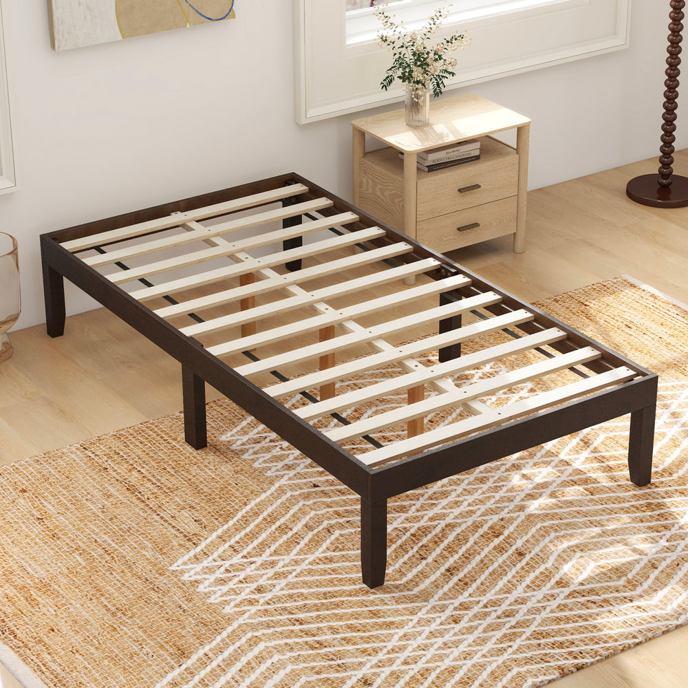 Twin wood platform bed frame in espresso with sturdy slats and five support legs for enhanced stability and storage.