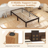 Twin wood platform bed frame in espresso with 5 middle support legs for enhanced stability and adjustable foot pads.
