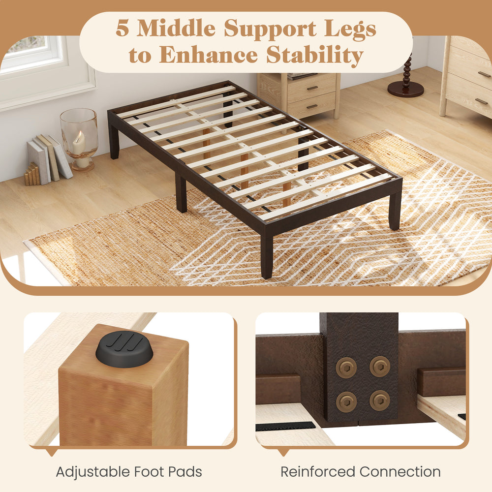 Twin wood platform bed frame in espresso with 5 middle support legs for enhanced stability and adjustable foot pads.