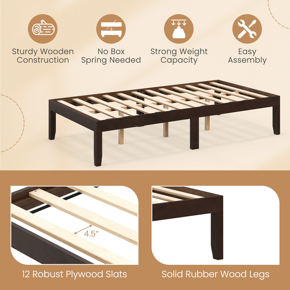 14-inch twin wood platform bed frame in espresso with sturdy slats, solid rubber wood legs, and ample under-bed storage.