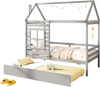 Twin size wooden platform house bed in grey with trundle, roof, and guardrails for safe, whimsical sleeping.