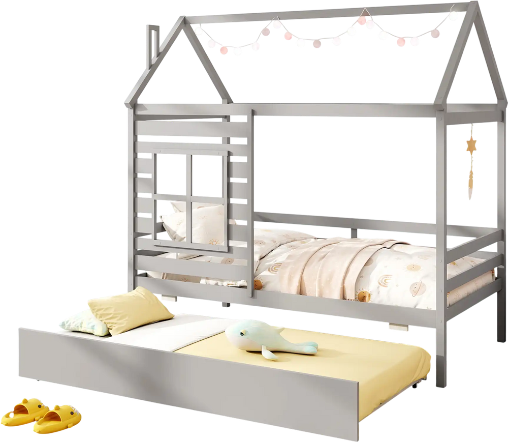 Twin size wooden platform house bed in grey with trundle, roof, and guardrails for safe, whimsical sleeping.