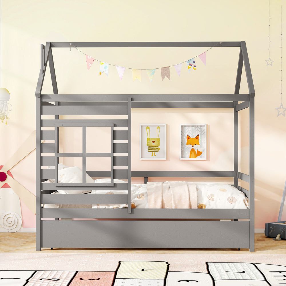Twin size wooden platform house bed in grey with roof, decorative window, and slide-out trundle for space-saving sleep.