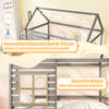Twin size wooden platform house bed in grey with roof, chimney, and decorative window for a whimsical bedtime.