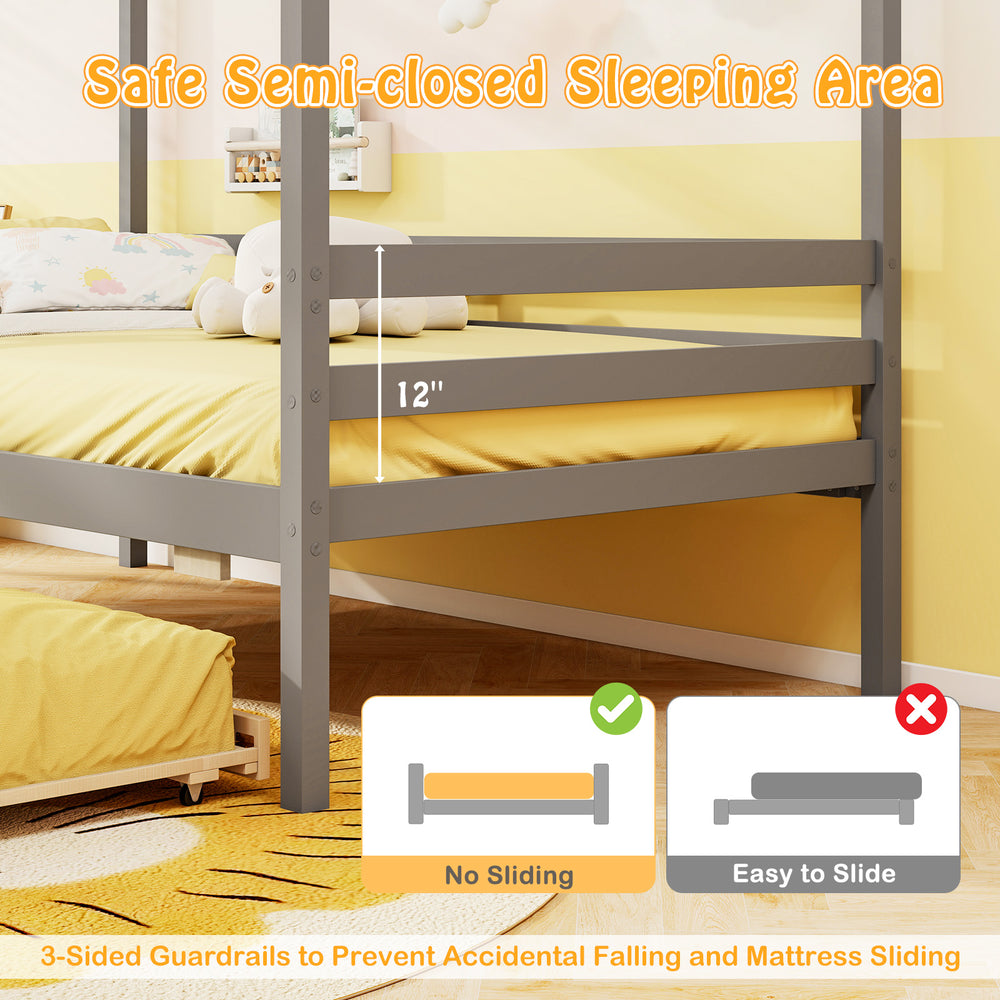 Twin size wooden platform house bed with grey frame, featuring a safe semi-closed sleeping area and 3-sided guardrails.