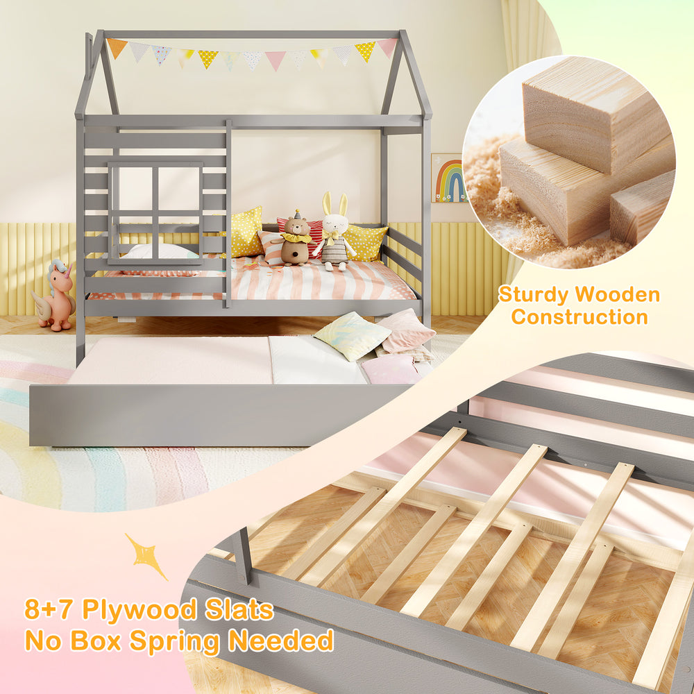 Twin size wooden platform house bed in grey with trundle, roof, and sturdy construction for safe sleep and playful.