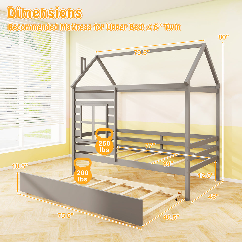 Twin size wooden platform house bed with trundle in grey, featuring a roof, guardrails, and dimensions for mattress.