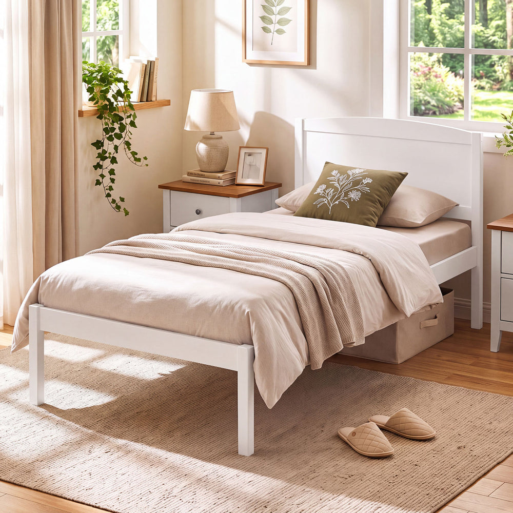 Twin Size Wooden Platform Bed Frame with Curved Headboard-White - Gallery View 1 of 9