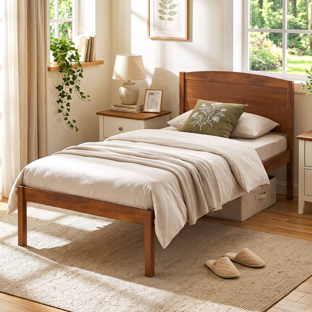 Twin size wooden platform bed frame with curved headboard in walnut finish, featuring minimalist design and ample under-bed storage.