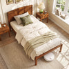 Twin size wooden platform bed frame with curved headboard in walnut finish, designed for minimalist modern bedrooms.