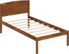 Twin size wooden platform bed frame in walnut with a curved headboard, featuring sturdy plywood slats for mattress support.