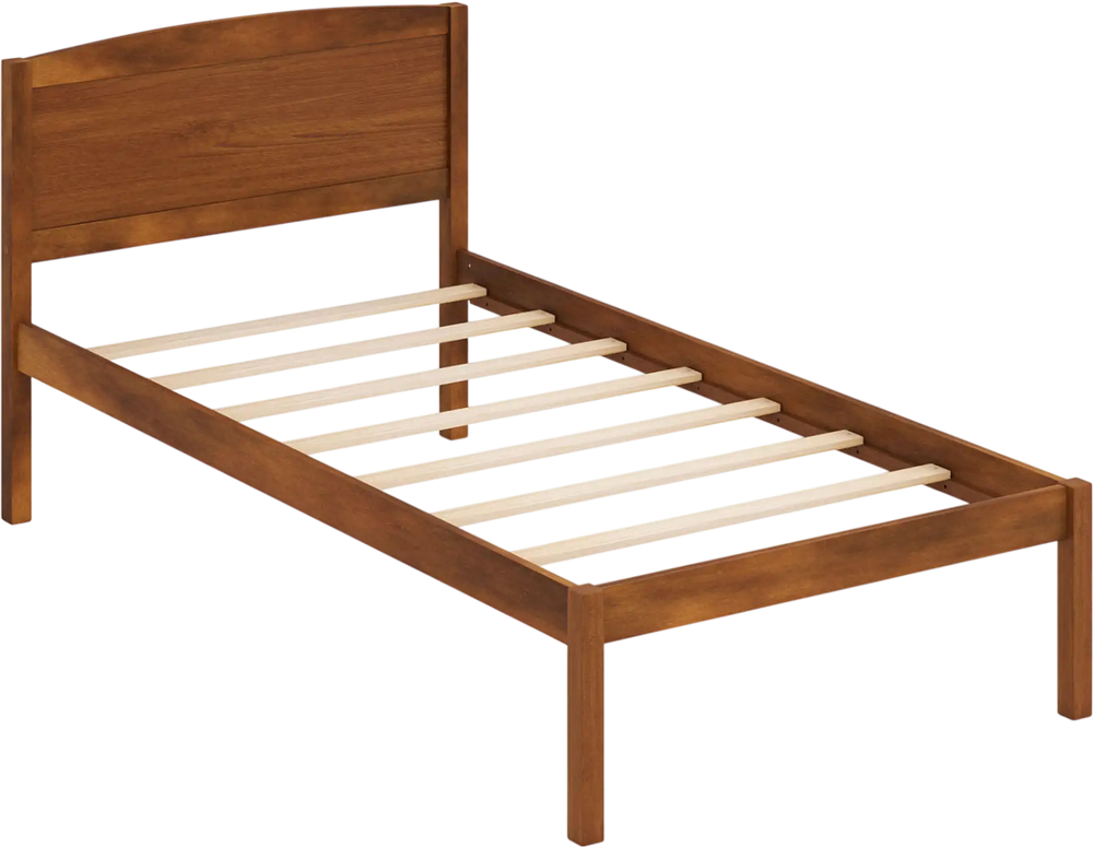 Twin size wooden platform bed frame in walnut with a curved headboard, featuring sturdy plywood slats for mattress support.