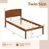 Twin size wooden platform bed frame with curved headboard in walnut finish, featuring 12" under-bed storage space.