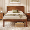 Twin size wooden platform bed frame with a curved headboard in walnut, featuring under-bed storage and minimalist design.