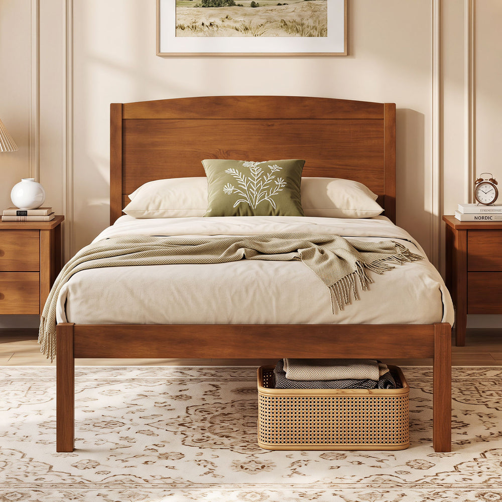 Twin size wooden platform bed frame with a curved headboard in walnut, featuring under-bed storage and minimalist design.