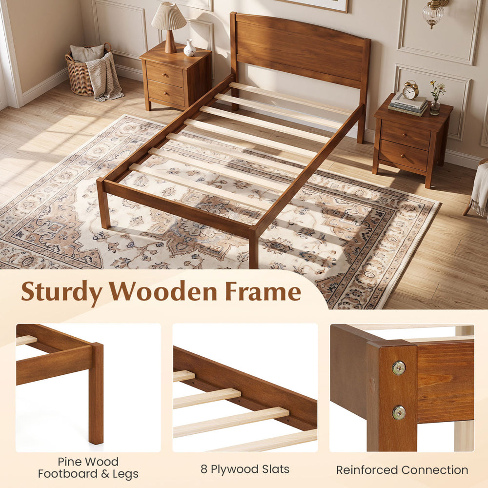 Twin size wooden platform bed frame with curved headboard, pine wood legs, and 8 plywood slats for sturdy support.