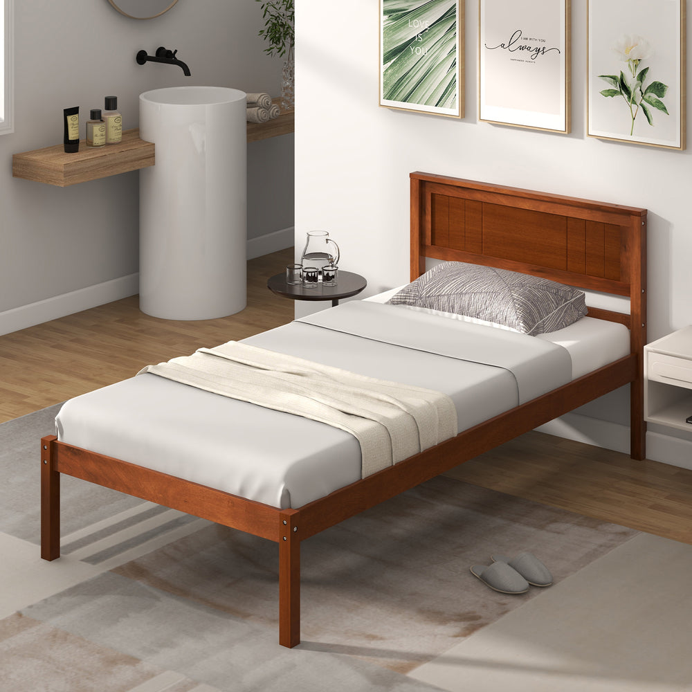 Twin size bed frame with wooden headboard, slat support, and under-bed storage for a tidy bedroom setup.