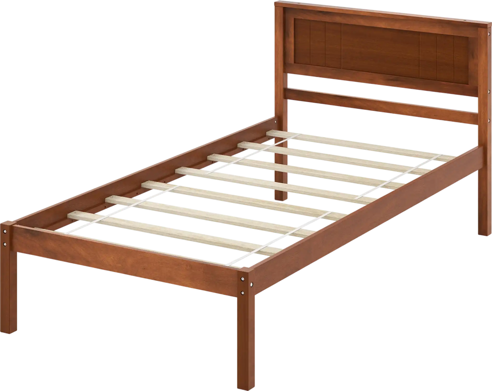Twin size bed frame with wooden headboard and slat support, featuring sturdy wood legs and 12" under bed storage space.