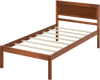 Twin size bed frame with wooden headboard and slat support, featuring sturdy wood legs and 12" under bed storage space.