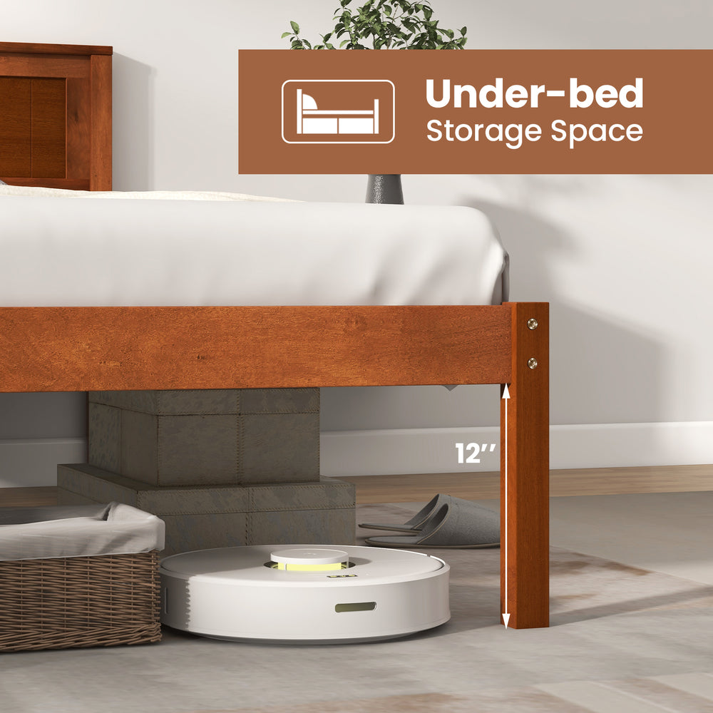 Twin/Full/Queen size bed frame with wooden headboard, showcasing 12" under-bed storage space for organization.