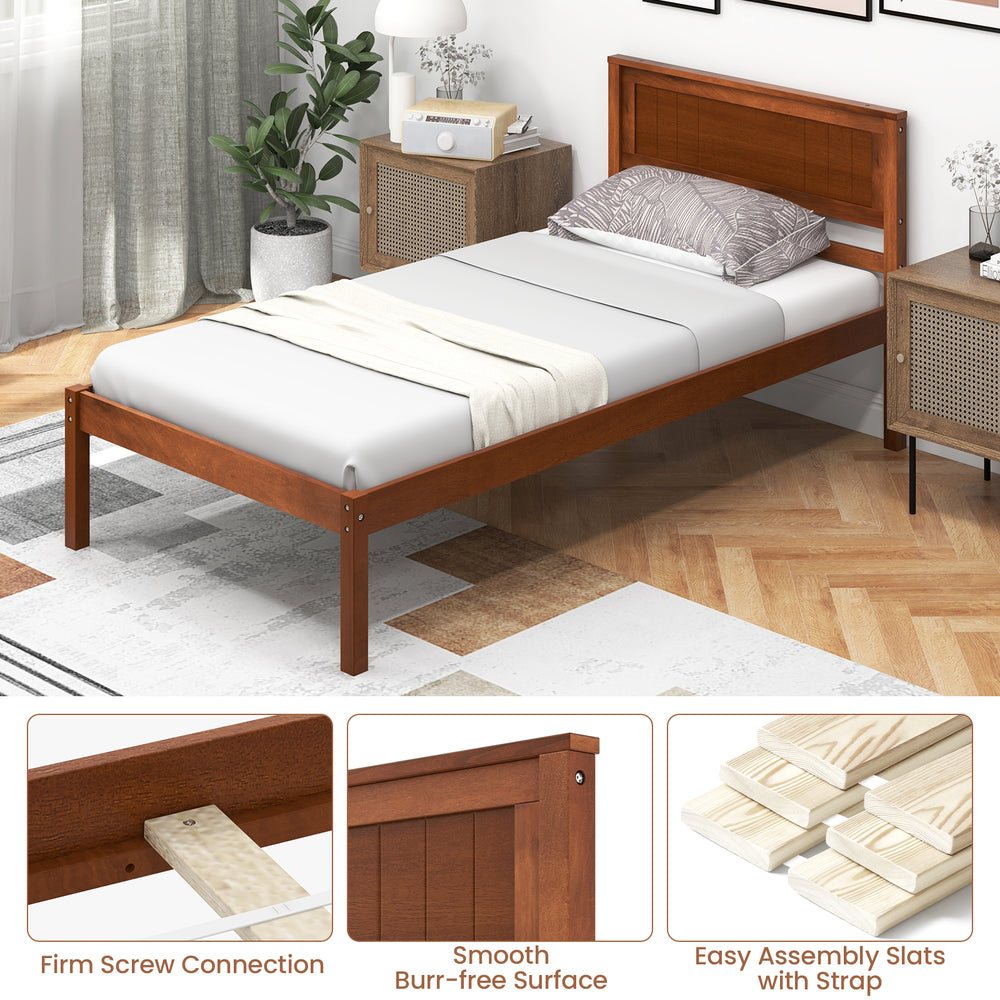 Twin size bed frame with wooden headboard, slat support, and under-bed storage for a tidy room.