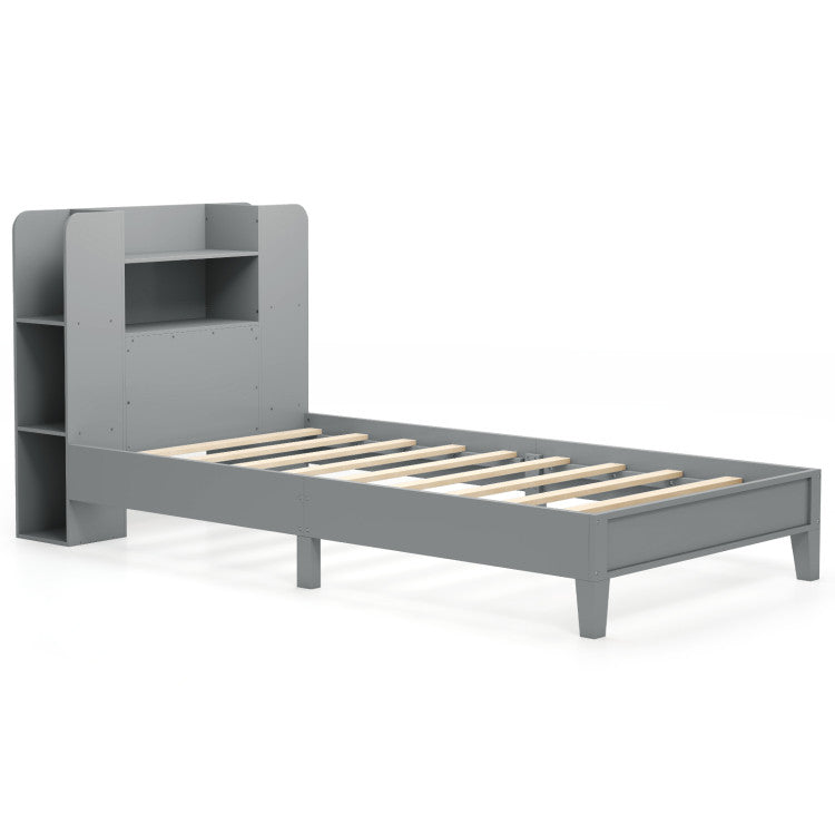 Costway Twin Size Platform Bed Wooden Frame with Bookcase Headboard New