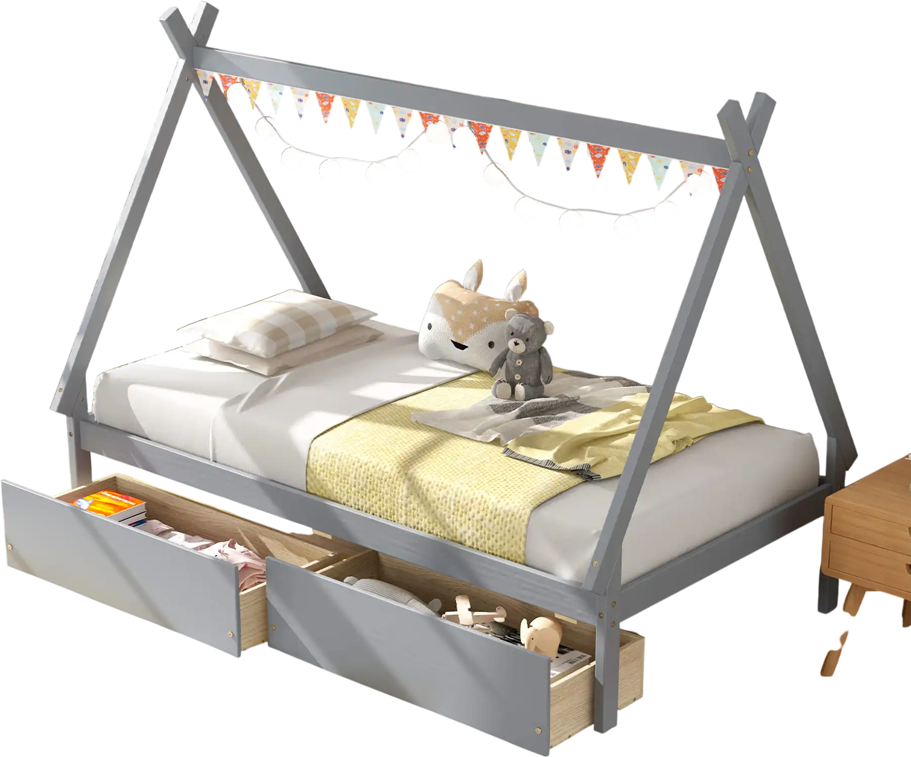 Costway Twin Wooden Tent Platform House Bed with 2 Drawers Gray 48963125 New