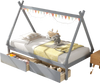 Twin size gray wooden tent platform house bed with two storage drawers, perfect for kids' rooms and sleepovers.