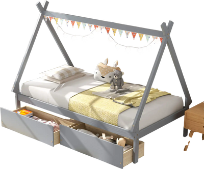 Costway Twin Wooden Tent Platform House Bed with 2 Drawers Gray 48963125 New