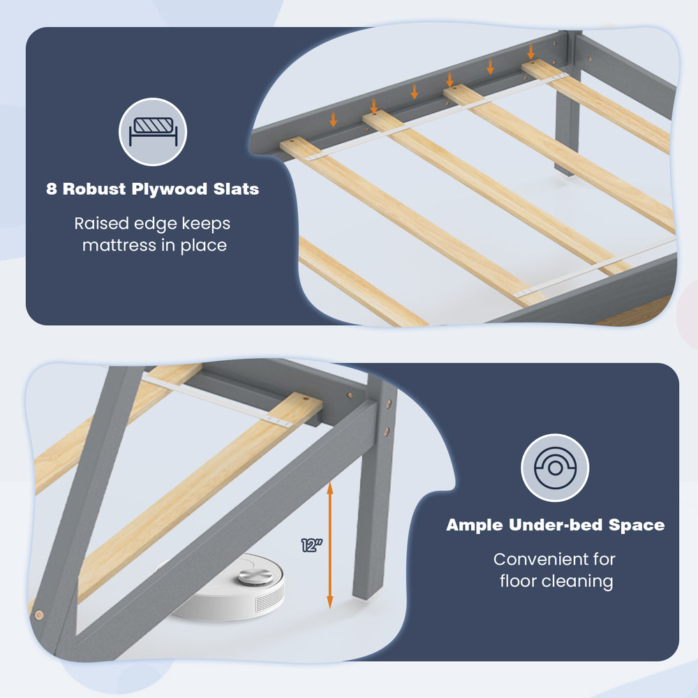 Twin size wooden tent platform bed with slatted design, raised edge, and 12" under-bed space for easy cleaning.