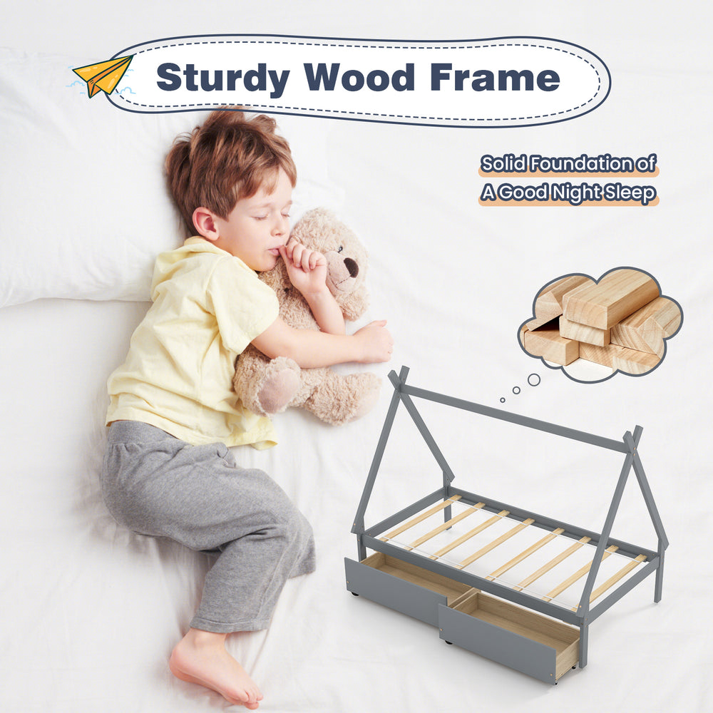 Twin size gray wooden tent platform bed with two storage drawers, featuring a sturdy frame for a good night's sleep.