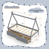 Twin size wooden tent platform house bed in gray with dimensions, featuring two storage drawers and slatted platform.
