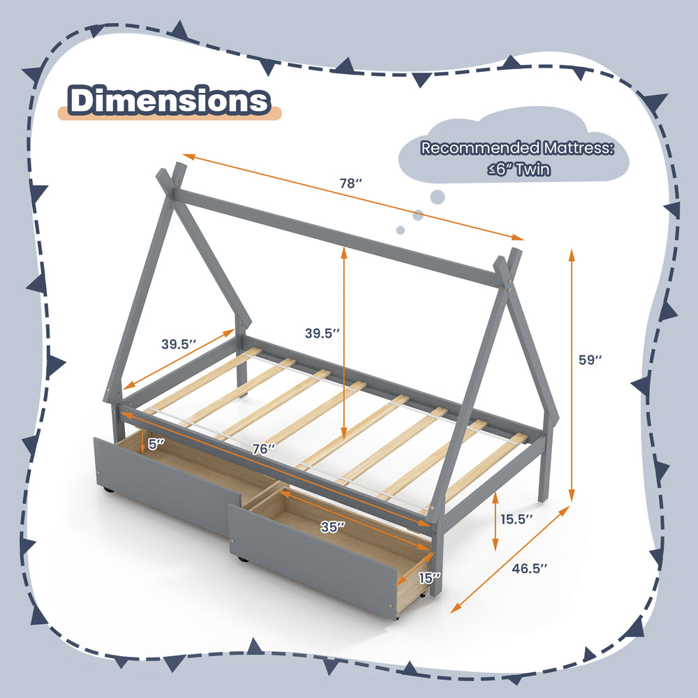 Twin size wooden tent platform house bed in gray with dimensions, featuring two storage drawers and slatted platform.