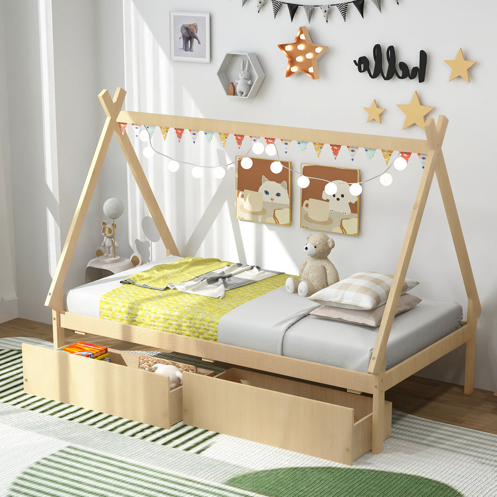 Twin Size Wooden Tent Platform House Bed with 2 Drawers-Natural - Gallery View 1 of 10