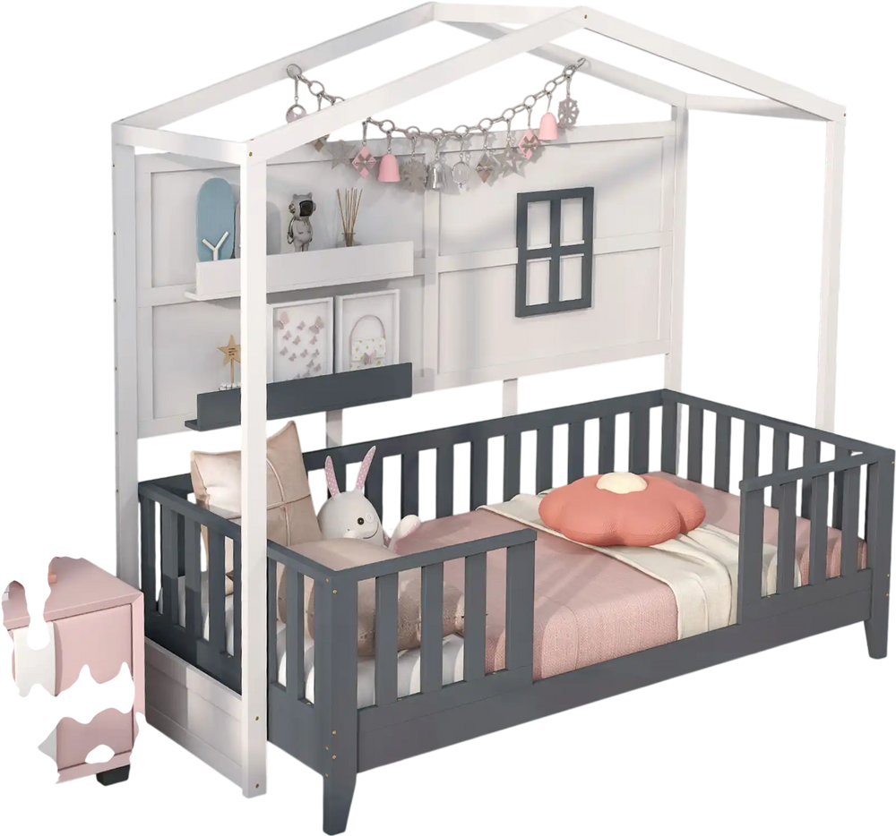 Twin wood house bed in gray and white with playful design, featuring a low-to-ground height for easy access for kids.