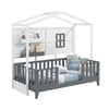 Twin wood house bed in gray and white with guardrails and two shelves, perfect for kids' themed bedrooms.