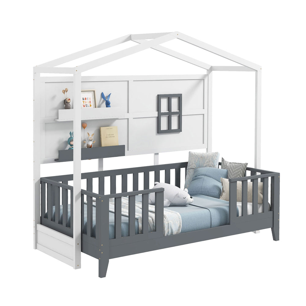 Twin wood house bed in gray and white with guardrails and two shelves, perfect for kids' themed bedrooms.
