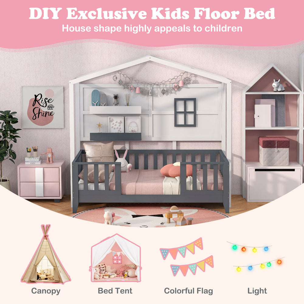 Kids' house bed in gray and white featuring a DIY design for personalized decor, enhancing creativity and playfulness.