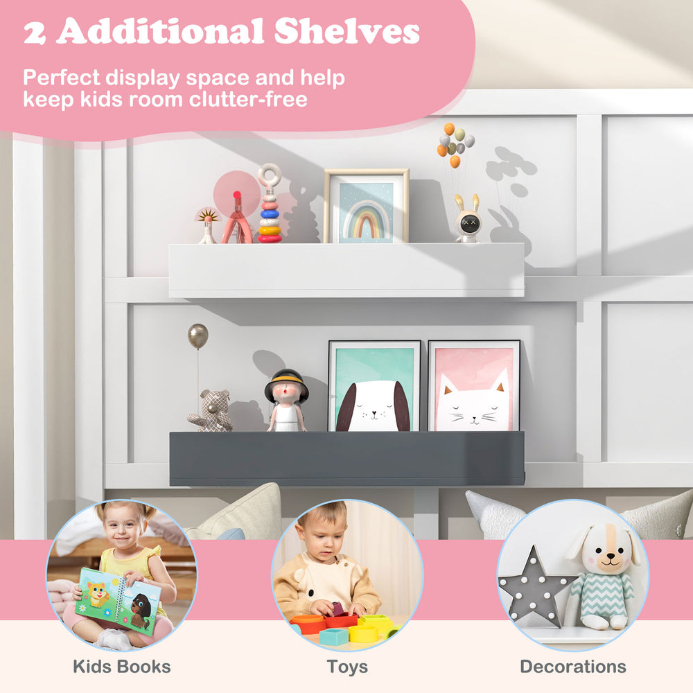 Twin Wood House Bed in gray and white with 2 shelves for kids' books and toys, enhancing bedroom organization.