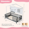 Twin wood house bed in gray and white with guardrails and shelves, ideal for kids' themed bedrooms and safe sleep.