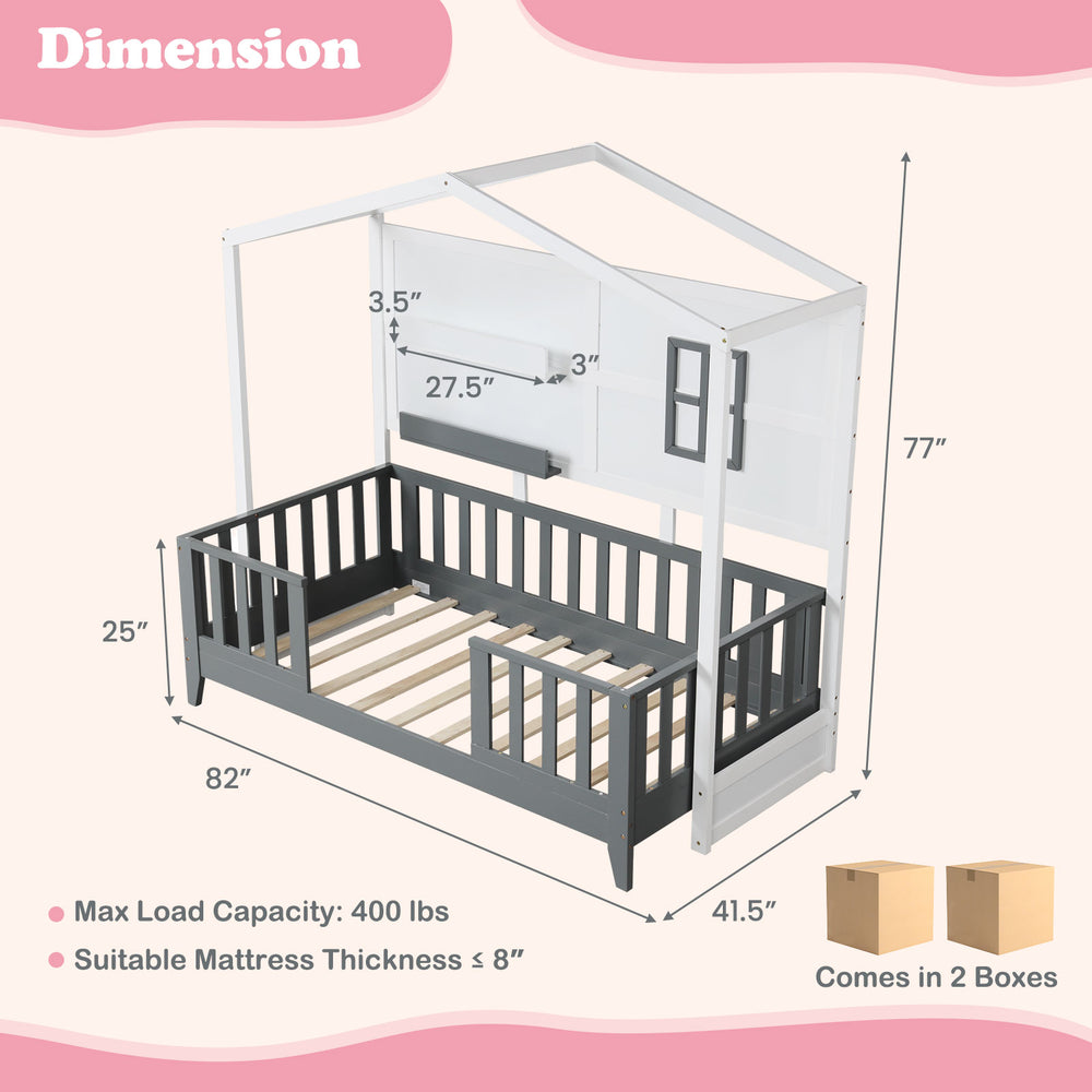 Twin wood house bed in gray and white with guardrails and shelves, ideal for kids' themed bedrooms and safe sleep.