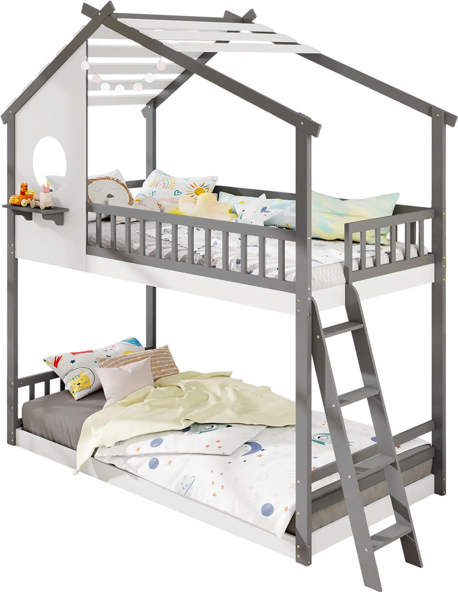 Costway Twin Over Twin House Bunk Bed Roof Guardrails Kids White Gray 874965312 New