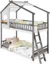 Twin over twin house bunk bed in white and gray, featuring a wide entrance and chic design for kids' playful bedrooms.