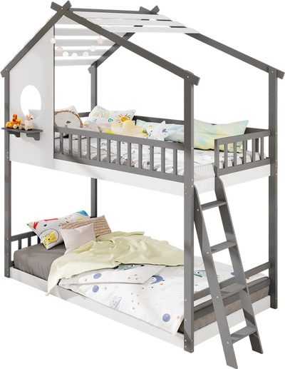 Costway Twin Over Twin House Bunk Bed Roof Guardrails Kids White Gray 874965312 New