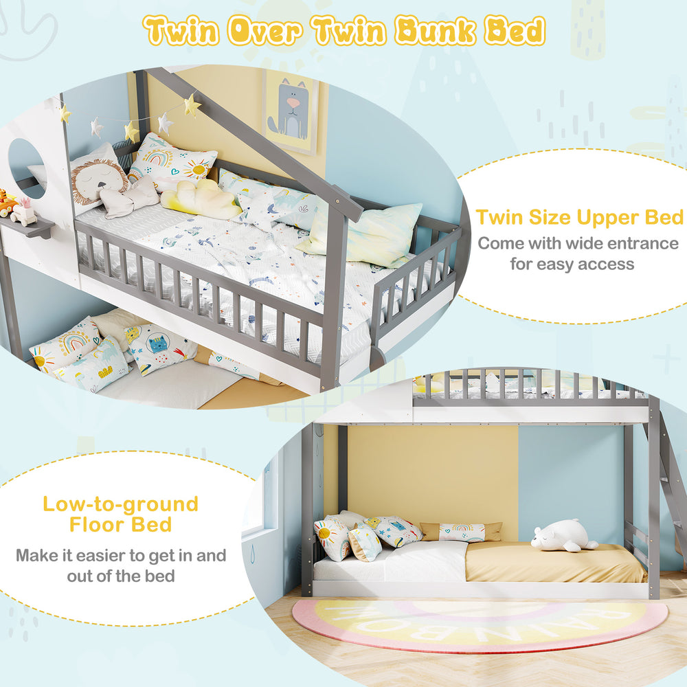 Twin over twin bunk bed in white and gray with roof, guardrails, and low-to-ground floor bed for kids' safety and.