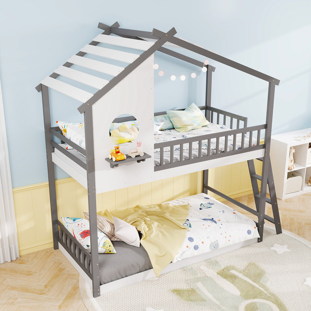 Full view of the Twin over Twin House Bunk Bed in white and gray, featuring a DIY roof and interactive window for.